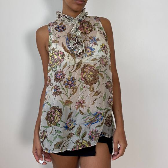 Vintage Italian Sheer Mesh Ruffle-Neck Floral Tunic Top (M/L) - Picture 7 of 8